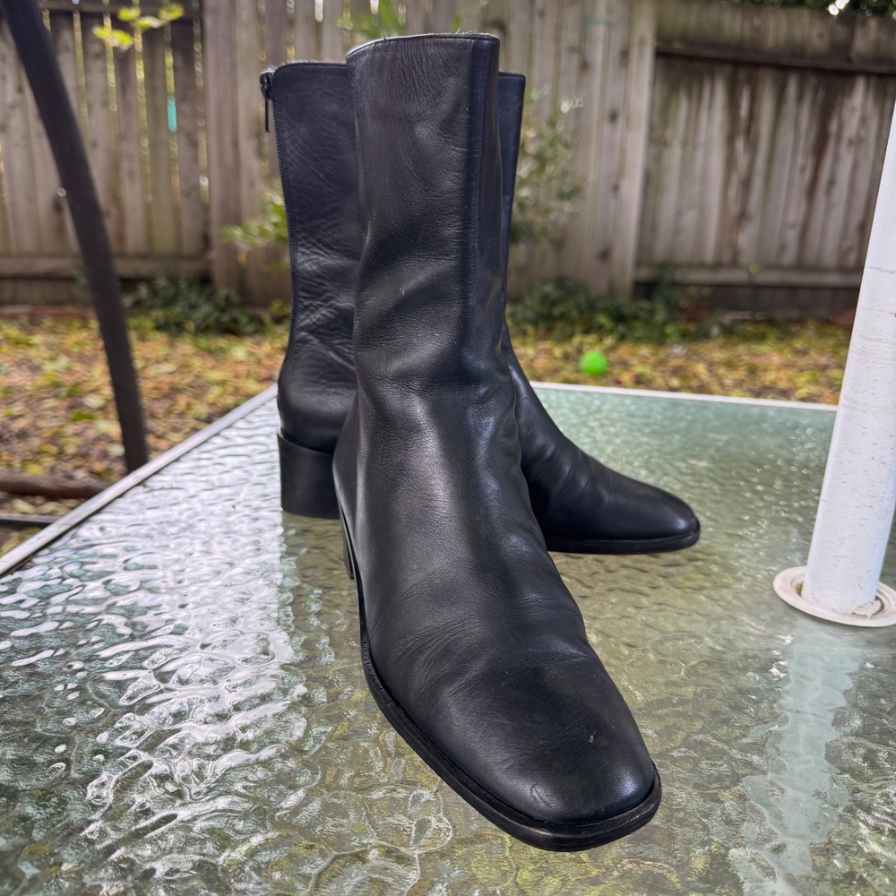 Cole Haan Black Leather Square Toe Block Heel Ankle Boots Italy F7313 Womens 8